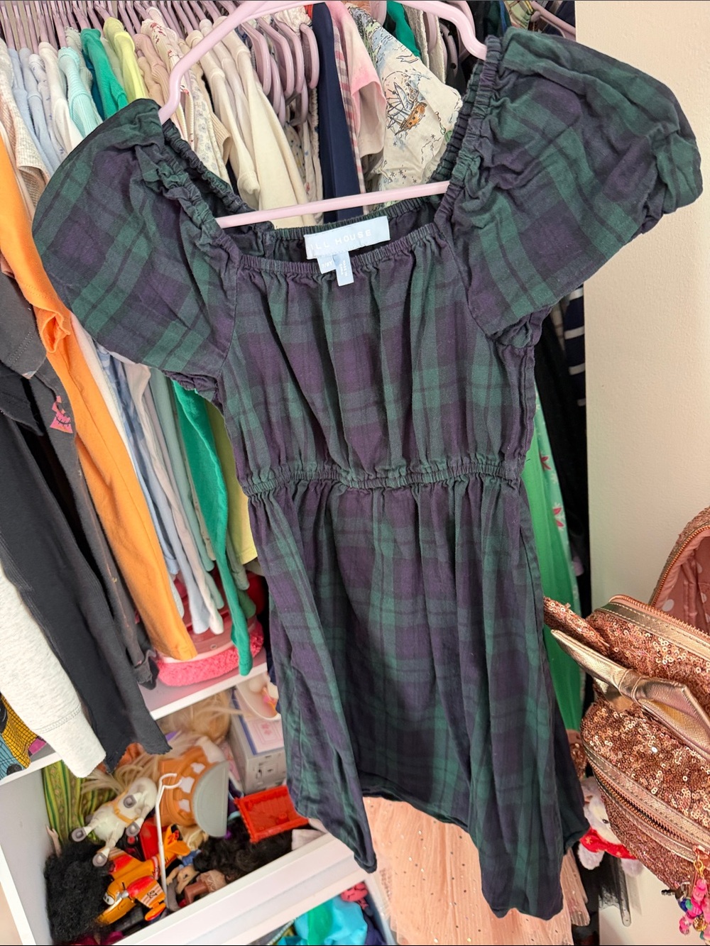 Hill House Girls' Off-Shoulder Plaid Dress in Dark Green and Black